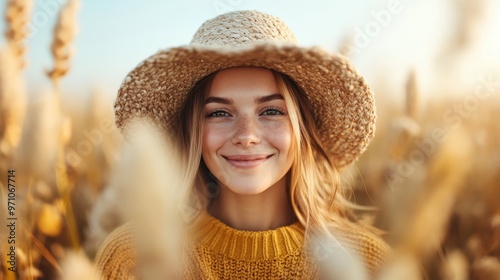 A portrait of a woman with a straw hat showcases her warm smile and cheerful gaze, exuding positivity and well-being while standing in a sunlit, golden field.