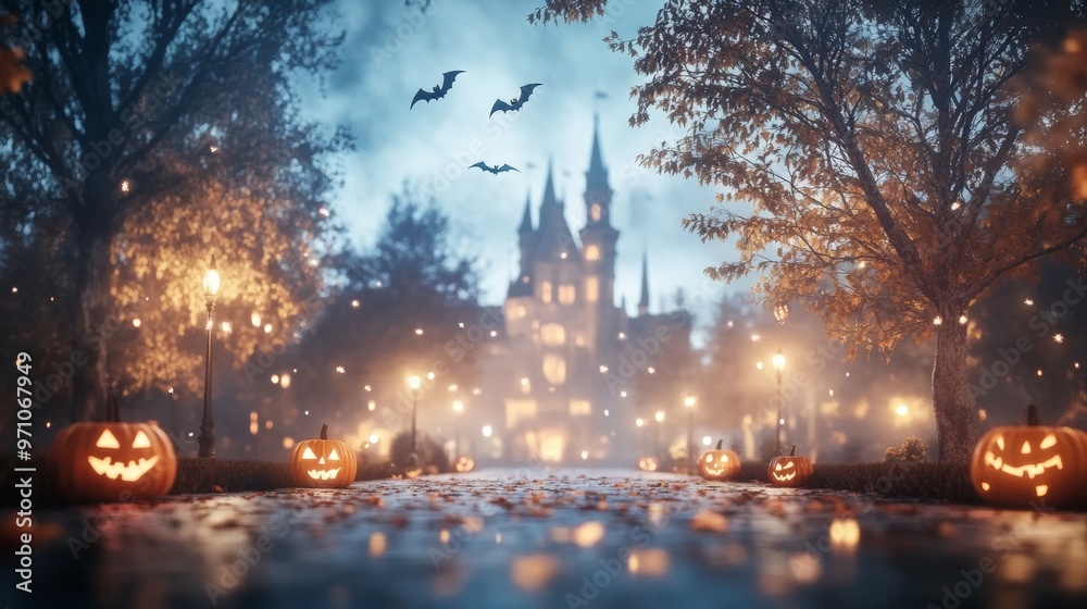 Fototapeta premium Spooky castle glowing orange on Halloween night jack-o-lanterns lighting the path