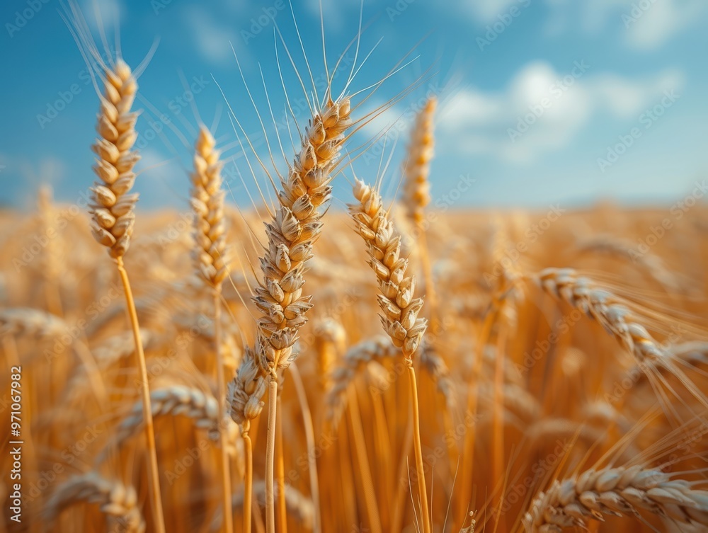 Golden wheat field with a blue sky background, a summer nature landscape. Street photography style. Vintage, soft focus, shallow depth of field. Golden wheat field with a blue sky background, a summer nature landscape. Street photography style. Vintage, soft focus, shallow depth of field.