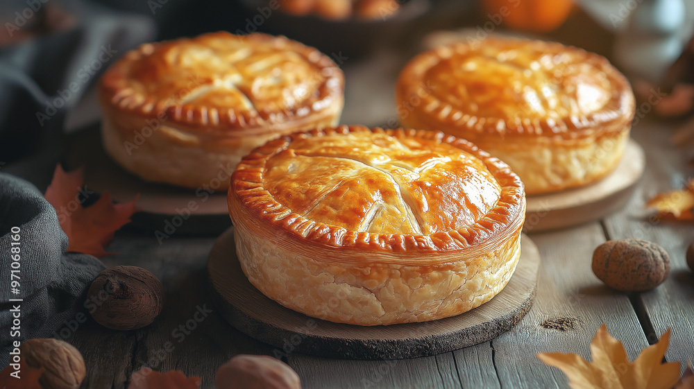 Freshly baked pies on wooden boards surrounded by autumn leaves and walnuts. Thanksgiving holiday concept for celebration and seasonal dining. Close-up photography for poster. Freshly baked pies on wooden boards surrounded by autumn leaves and walnuts. Thanksgiving holiday concept for celebration and seasonal dining. Close-up photography for poster.