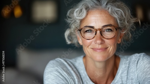 A middle-aged woman with short gray hair and stylish glasses smiles at the camera, exuding confidence and contentment in a warmly lit setting.