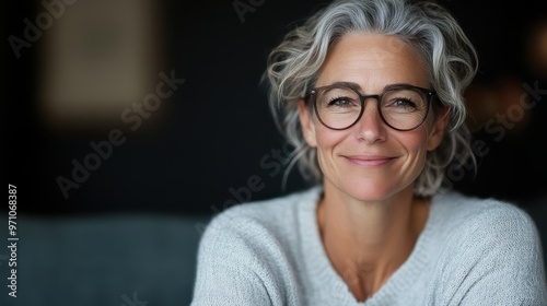 A stylish gray-haired woman wearing chic eyeglasses smiles confidently, revealing her elegant character in a softly lit, intimate setting.