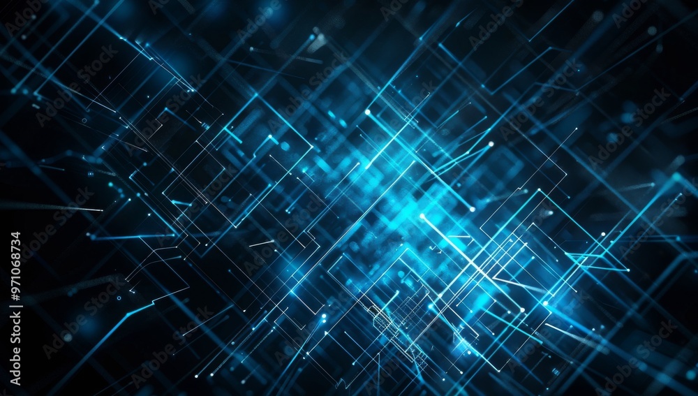 Abstract Digital Background with Blue Glowing Geometric Shapes on Black Abstract Digital Background with Blue Glowing Geometric Shapes on Black