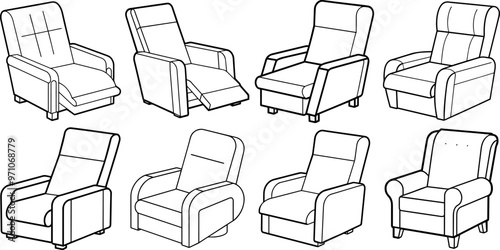 set of recliner chair line art silhouette vector illustration