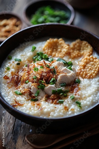 Bubur Ayam: Chicken rice porridge, served with soy sauce, crispy crackers, and fried shallots.