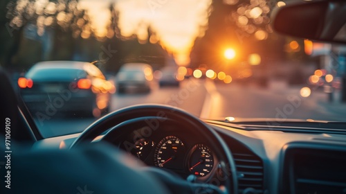 The view from the driver's seat of an oncoming car at sunset, with blurred traffic and bokeh lights in the background.
