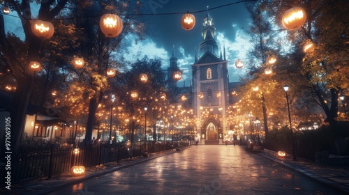 Spooky Halloween carnival in front of an old eerie church photo