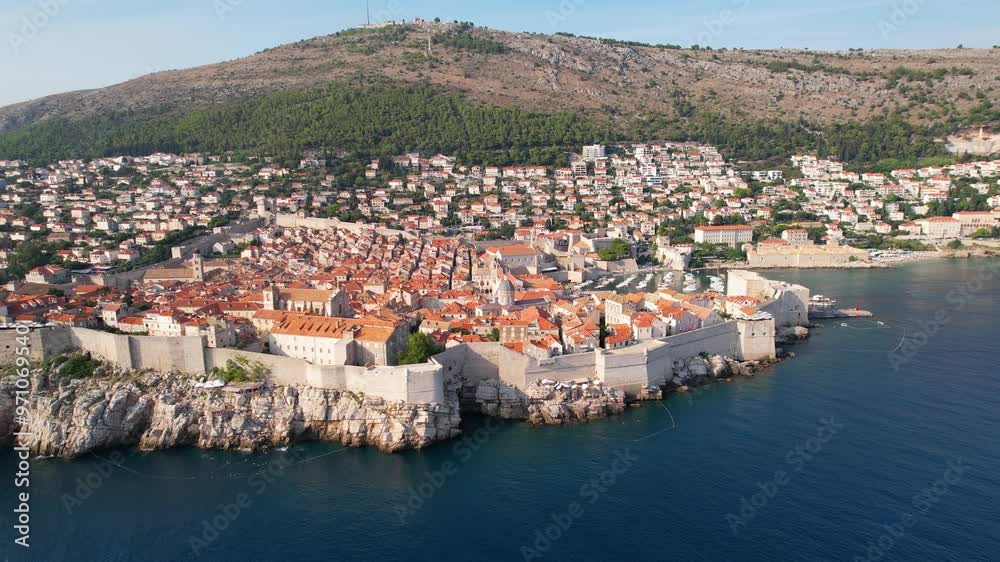 Dubrovnik old town in Croatia, aerial establishing shot. Famous travel destination in historical Dubrovnik, old town fortress by the Adriatic sea. Places to visit in Dubrovnik. Dubrovnik old town in Croatia, aerial establishing shot. Famous travel destination in historical Dubrovnik, old town fortress by the Adriatic sea. Places to visit in Dubrovnik.