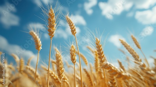 Golden wheat field with a blurred background and ample space for text. A beautiful summer landscape, representing the concept of natural food production. Shallow depth of field. Vintage filter applied