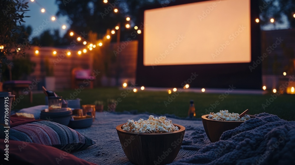 custom made wallpaper toronto digitalA backyard movie night setup with a large screen, string lights, blankets, and bowls of popcorn under the stars