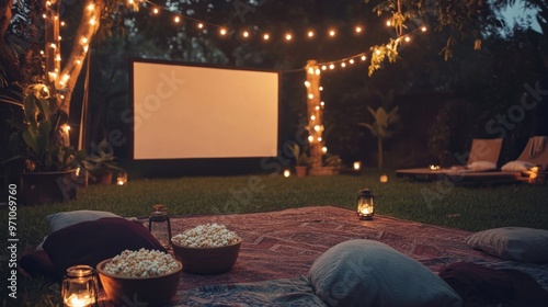 A backyard movie night setup with a large screen, string lights, blankets, and bowls of popcorn under the stars