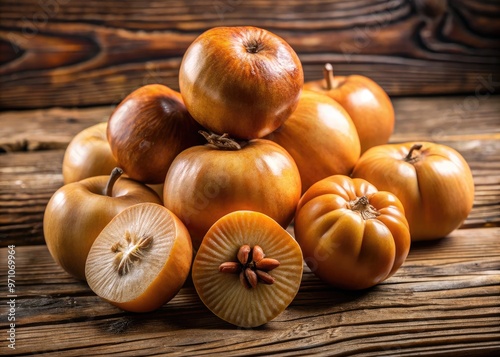 Juicy, brown sapotille fruits with glossy skin and creamy white flesh, arranged artfully on a rustic wooden table, evoking a sense of tropical abundance. photo