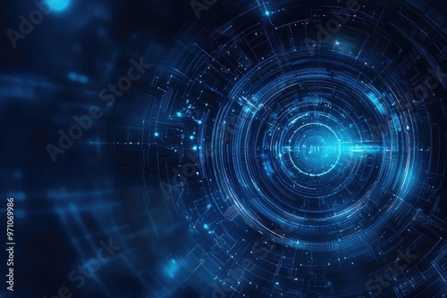 Wallpaper Mural A dynamic abstract blue background featuring circular patterns and glowing particles representing technology and innovation. Torontodigital.ca