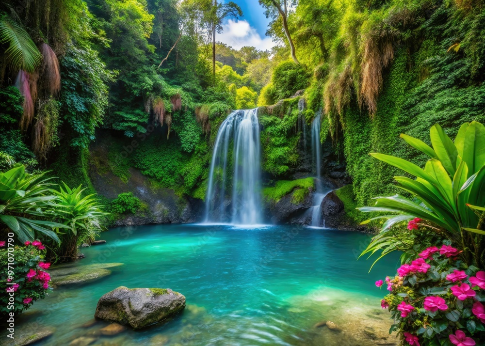 Lush green tropical rainforest surroundings frame a serene waterfall cascading down moss-covered rocks into a crystal-clear turquoise pool surrounded by exotic flowers and foliage. Lush green tropical rainforest surroundings frame a serene waterfall cascading down moss-covered rocks into a crystal-clear turquoise pool surrounded by exotic flowers and foliage.