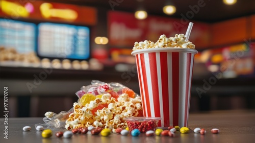 A classic movie theater snack combo of popcorn, candy, and a large soda sitting on a cinema counter
