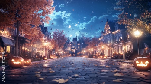 Fototapeta Naklejka Na Ścianę i Meble -  Spooky Halloween night in a small village the town square lit by candles and jack-o-lanterns