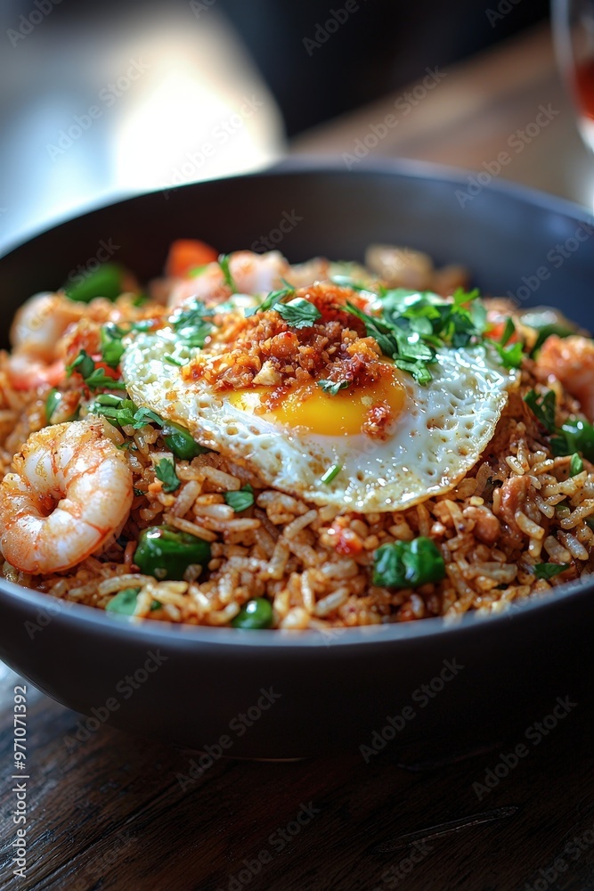 Nasi Goreng: Indonesian fried rice with egg, chicken, shrimp, and sambal for flavor.Nasi Goreng: Indonesian fried rice with egg, chicken, shrimp, and sambal for flavor.