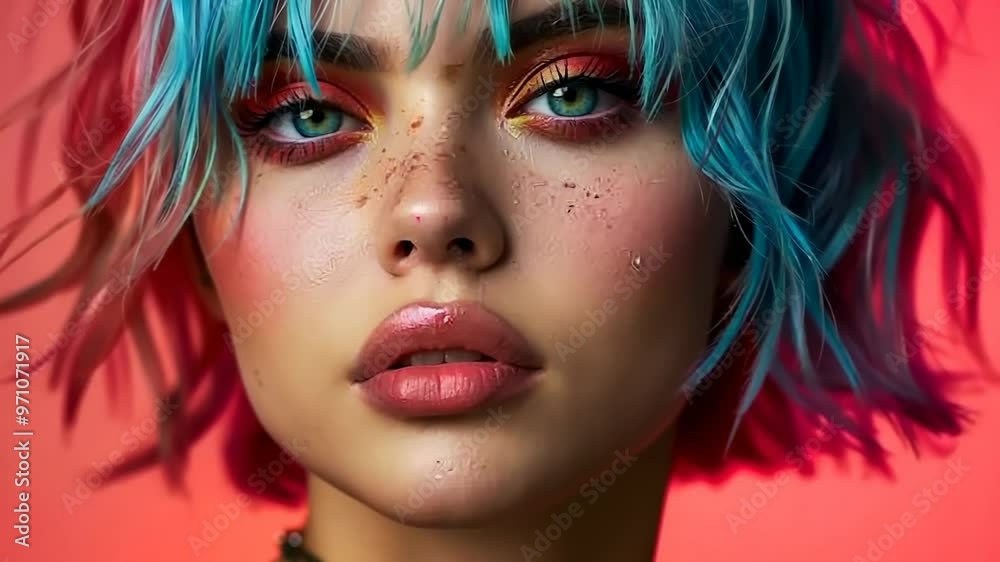 Enchanting portrait of a young woman with vibrant, fantasy-inspired makeup and elegant style. Enchanting portrait of a young woman with vibrant, fantasy-inspired makeup and elegant style.