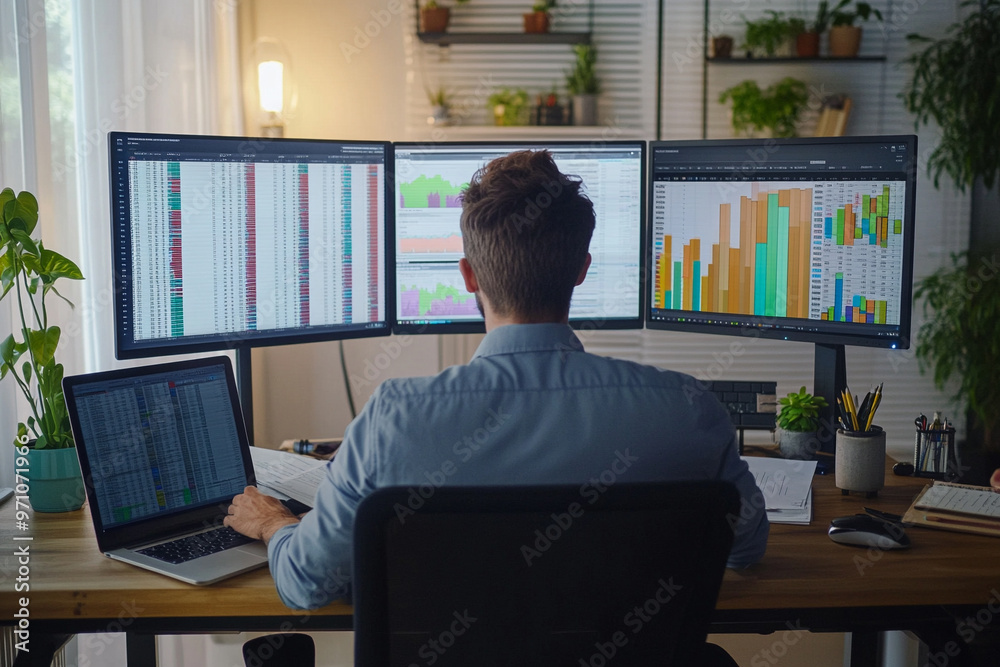 Man working on multiple computer monitors displaying data charts in a modern home office. Technology and productivity concept. Man working on multiple computer monitors displaying data charts in a modern home office. Technology and productivity concept.