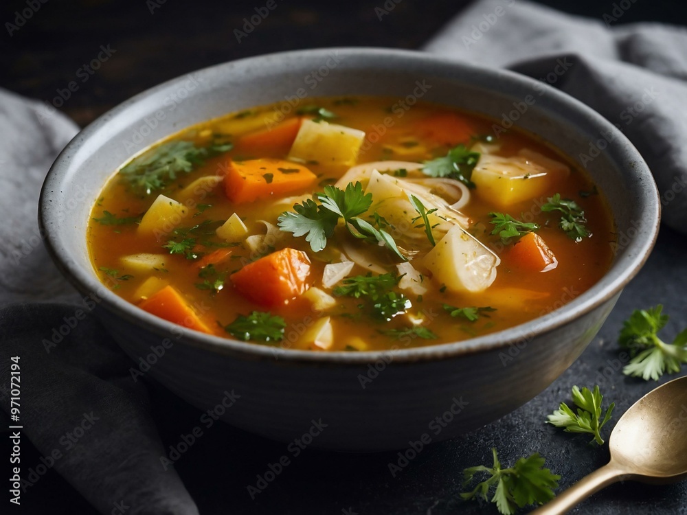 Hot vegetable soup garnished with fresh herbs. Hot vegetable soup garnished with fresh herbs.