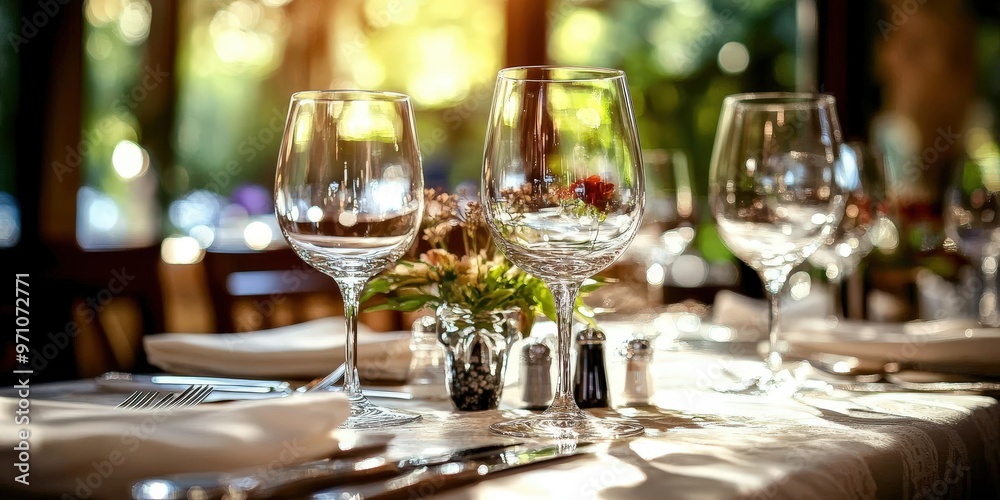 A beautifully set table in an elegant restaurant with crystal-clear wine glasses, soft ambient lighting, and a luxurious atmosphere, perfect for showcasing fine dining, hospitality, or event-related d A beautifully set table in an elegant restaurant with crystal-clear wine glasses, soft ambient lighting, and a luxurious atmosphere, perfect for showcasing fine dining, hospitality, or event-related d