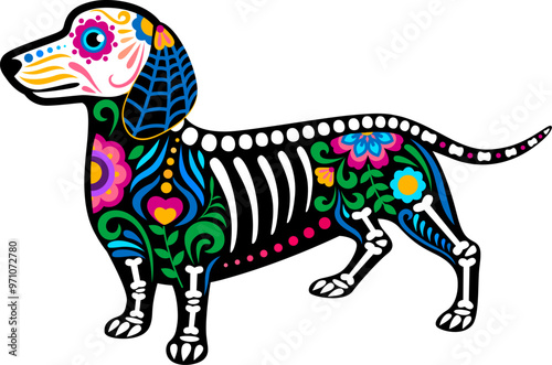 Day of the dead Mexican dog animal skeleton tattoo. Isolated vector dia de los Muertos sugar skull holiday dachshund puppy decorated with festive colorful floral patterns, bones and skeletal elements