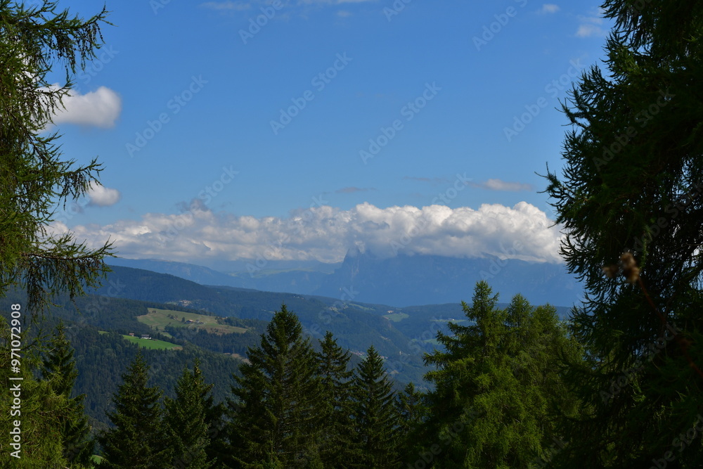 Schöne Landschaft auf dem Salten mit Blick zu den Dolomiten in Südtirol