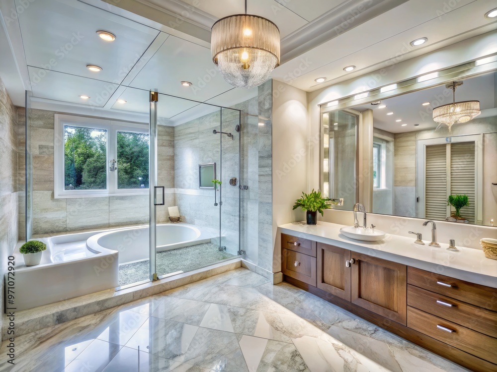 Luxurious modern bathroom features elegant white marble tile flooring and walls, surrounding a sleek glass-enclosed shower with chrome fixtures andspa-like ambiance. Luxurious modern bathroom features elegant white marble tile flooring and walls, surrounding a sleek glass-enclosed shower with chrome fixtures andspa-like ambiance.