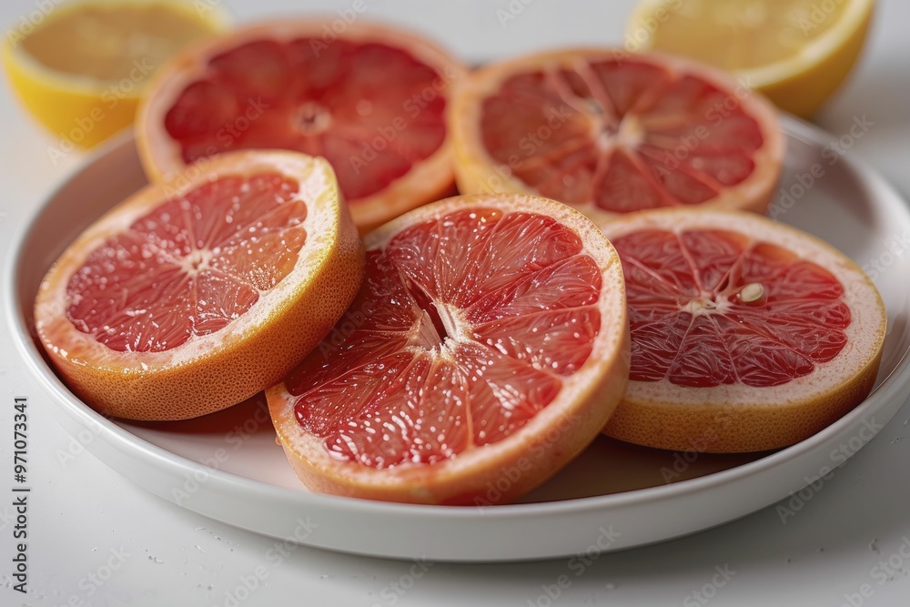 Slices of pink grapefruit artfully arranged on a white plate with vibrant colors and juicy textures Slices of pink grapefruit artfully arranged on a white plate with vibrant colors and juicy textures