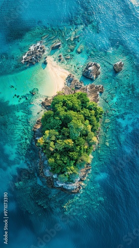 Aerial view of a small, lush island surrounded by vibrant turquoise waters, showcasing rocky outcrops and a pristine beach, perfect for tropical getaway enthusiasts. photo