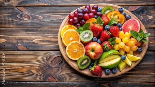 Fruit plate with assorted fresh fruits on a wooden table , healthy, snack, delicious, colorful, serving, bowl, refreshment