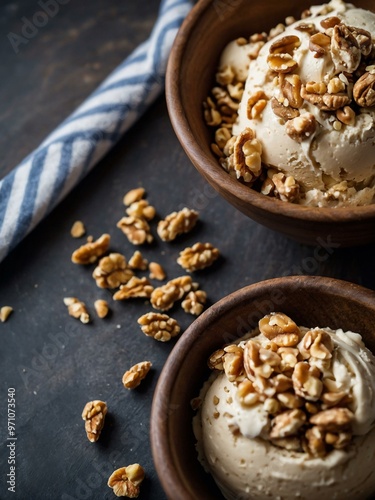 Ice cream with crushed nuts in a rustic bowl, perfect for cozy treats.