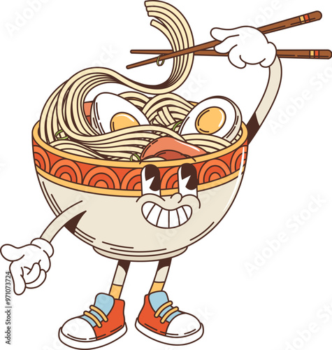 Retro ramen noodles with eggs cartoon groovy character. Playful bowl with noodles, vegetables and happy face holding chopsticks. Isolated vector fun Korean food personage representing Asian cuisine