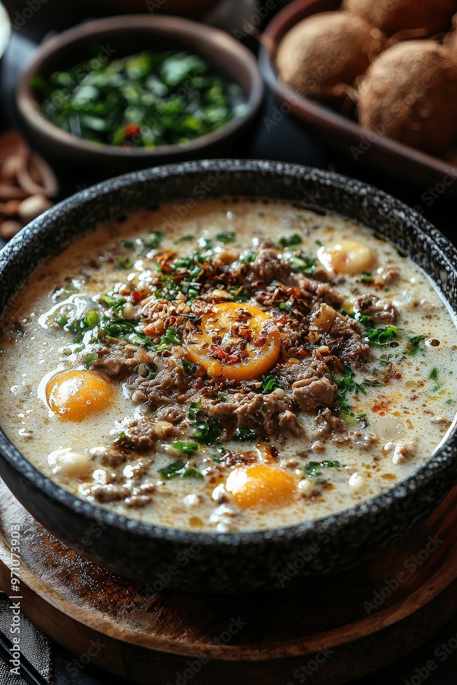 Soto Betawi: Creamy beef or offal soup made with coconut milk, spices, and herbs, a Betawi specialty. Soto Betawi: Creamy beef or offal soup made with coconut milk, spices, and herbs, a Betawi specialty.