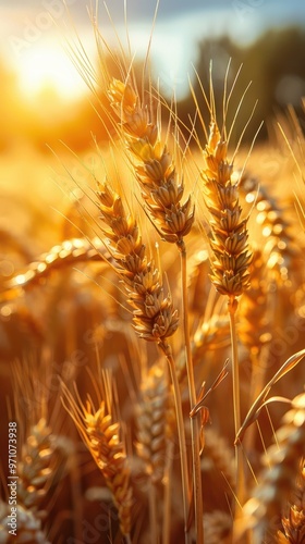 Golden wheat field with a blurred background and ample space for text. A beautiful summer landscape, representing the concept of natural food production. Shallow depth of field. Vintage filter applied photo