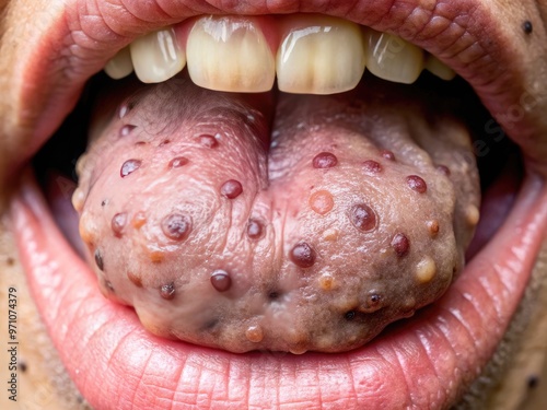 Macro close-up of human tongue with small, dark, circular patches scattered across its surface, showcasing benign hyperpigmentation or oral melanosis phenomenon.