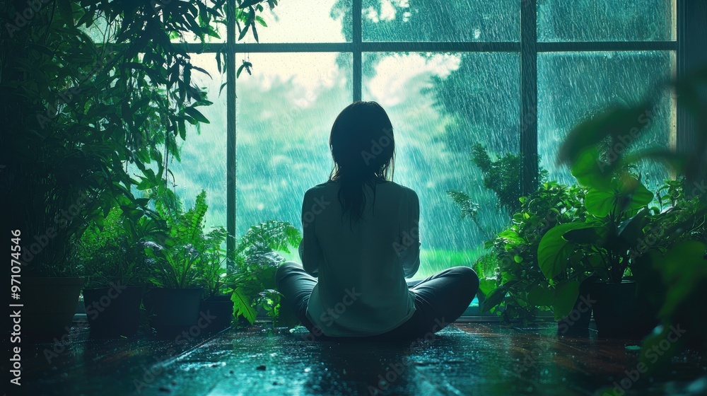 A serene image of a woman sitting by a rain-covered window, surrounded by greenery, enjoying the calm of a rainy day. A serene image of a woman sitting by a rain-covered window, surrounded by greenery, enjoying the calm of a rainy day.