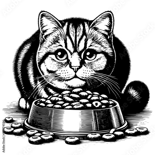Cat with a food bowl and dry cat food in a monochrome illustration. Vector, generative ai.
