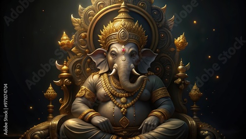 Golden Ganesha Sitting on a Ornate Throne photo