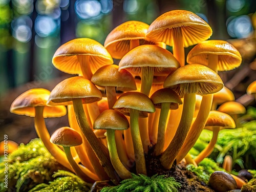 Macro shot of golden teacher mushrooms caps, stems, and gills, showcasing intricate details, vibrant golden hue, and potent psychoactive properties in a natural setting.