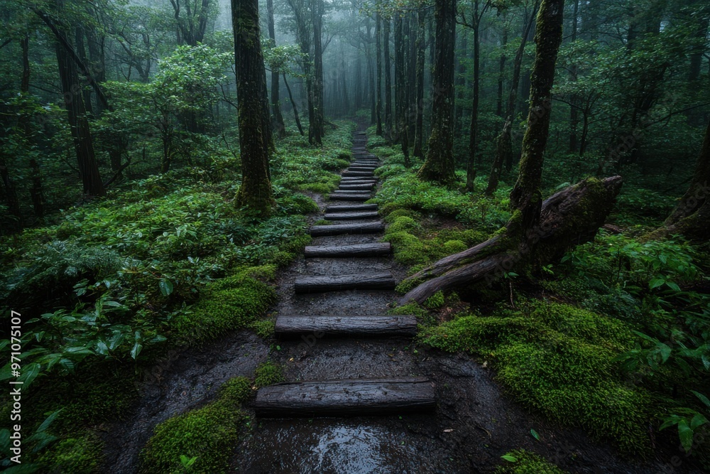 A serene forest path with wooden steps leads through dense, lush green foliage, creating a calming and tranquil environment suggestive of an inviting nature retreat. A serene forest path with wooden steps leads through dense, lush green foliage, creating a calming and tranquil environment suggestive of an inviting nature retreat.