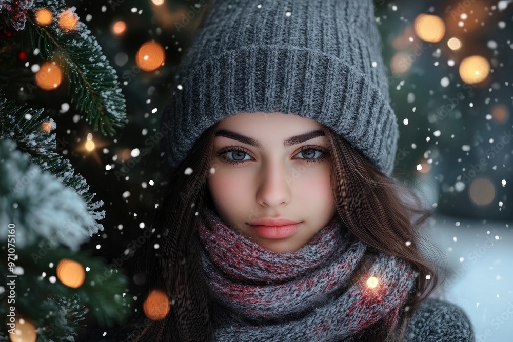 Beautiful young woman in winter hat and scarf over christmas background with generative ai Beautiful young woman in winter hat and scarf over christmas background with generative ai