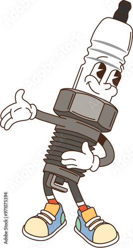 Cartoon retro groovy car spark plug character. Isolated cartoon vector whimsical, playful automotive mechanical vehicle part personage wears colorful sneakers and has a playful, friendly expression