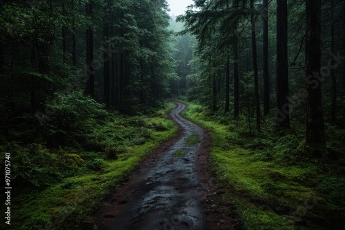 A green forest trail meanders through tall trees on a foggy day, surrounded by dense moss and foliage, creating a tranquil and mysterious scene.