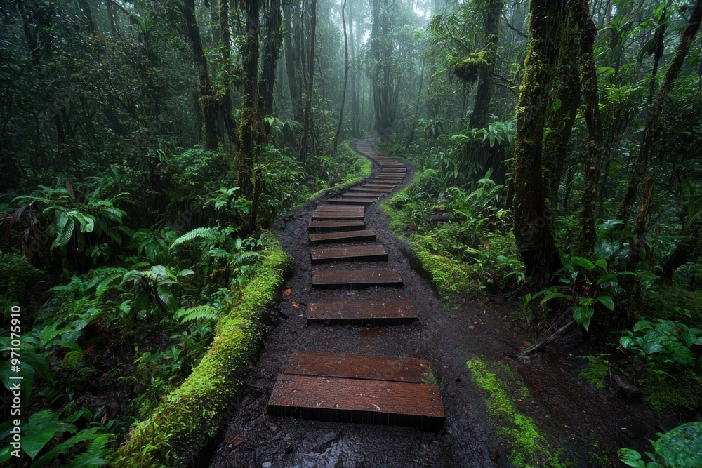 Obraz premium A winding wooden path through a dense, misty, lush green forest, surrounded by ferns and moss, creating a tranquil and serene natural environment.