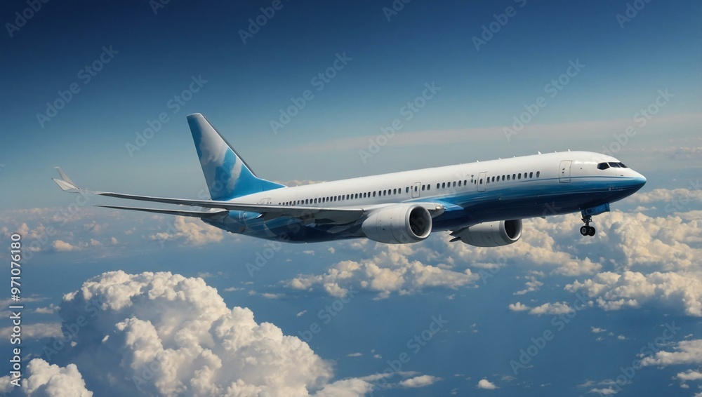 Jetliner gliding through a clear sky with distant clouds. Jetliner gliding through a clear sky with distant clouds.
