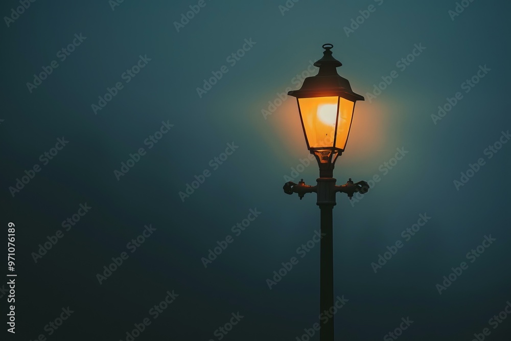 Old fashioned street lamp is casting warm light on a foggy evening Old fashioned street lamp is casting warm light on a foggy evening