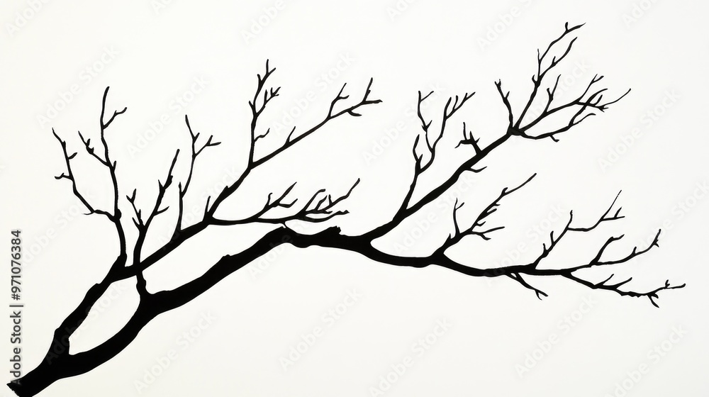 Line art illustration of a branch silhouette against a white backdrop Line art illustration of a branch silhouette against a white backdrop
