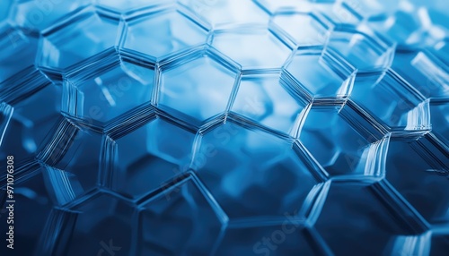 Line art illustration featuring an abstract hexagon design on a blue glass background
