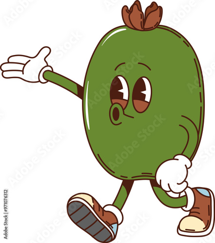 Cartoon groovy feijoa fruit character cheerfully walking with happy expression. Isolated vector funny tropical fruit personage, capturing the essence of happiness and playfulness in retro hippie style